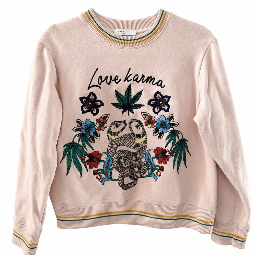 Sandro Embroidered Crewneck Sweatshirt Women Small Pink Boho Love Karma Size 1